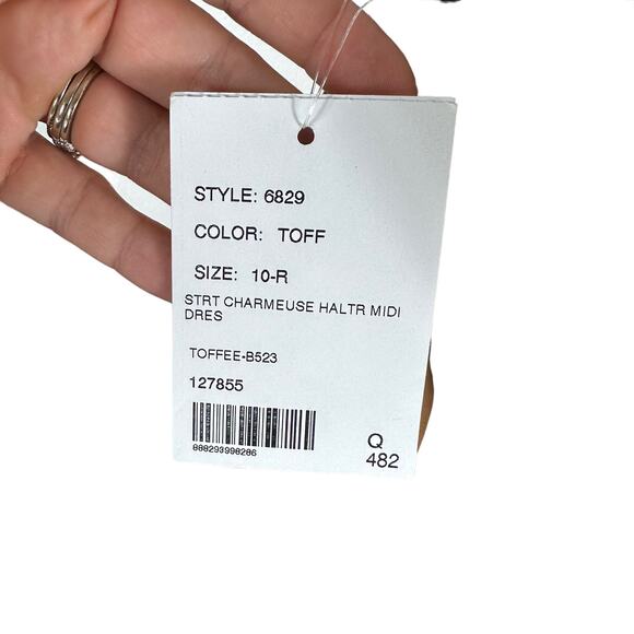 AFTER SIX 6829 Toffee Copper Straight Charmeuse Halter Midi Dress Size 10R NWT - Picture 6 of 7